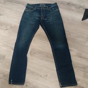 RAW DENIM MENS SLIM FIT JEANS WITH CONTRAST STITCHING AND LEATHER INSERTS